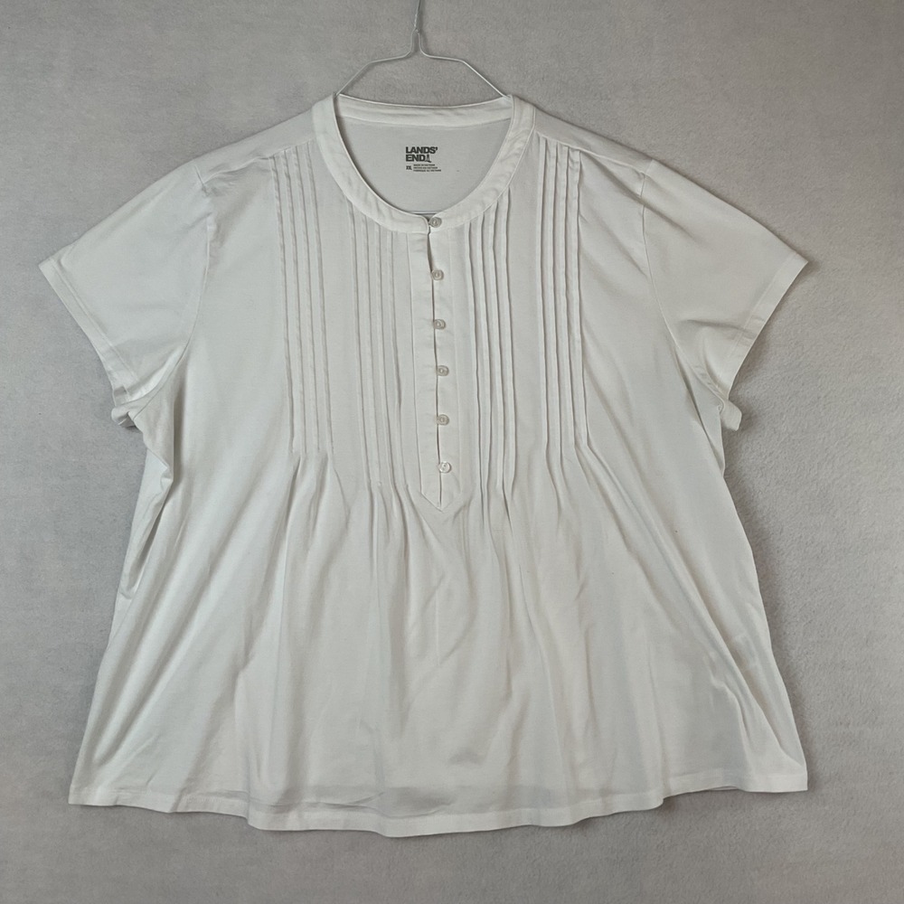 Lands End Womens XXL White Pintuck Pleated Henley Short Sleeve Top Cotton Modal